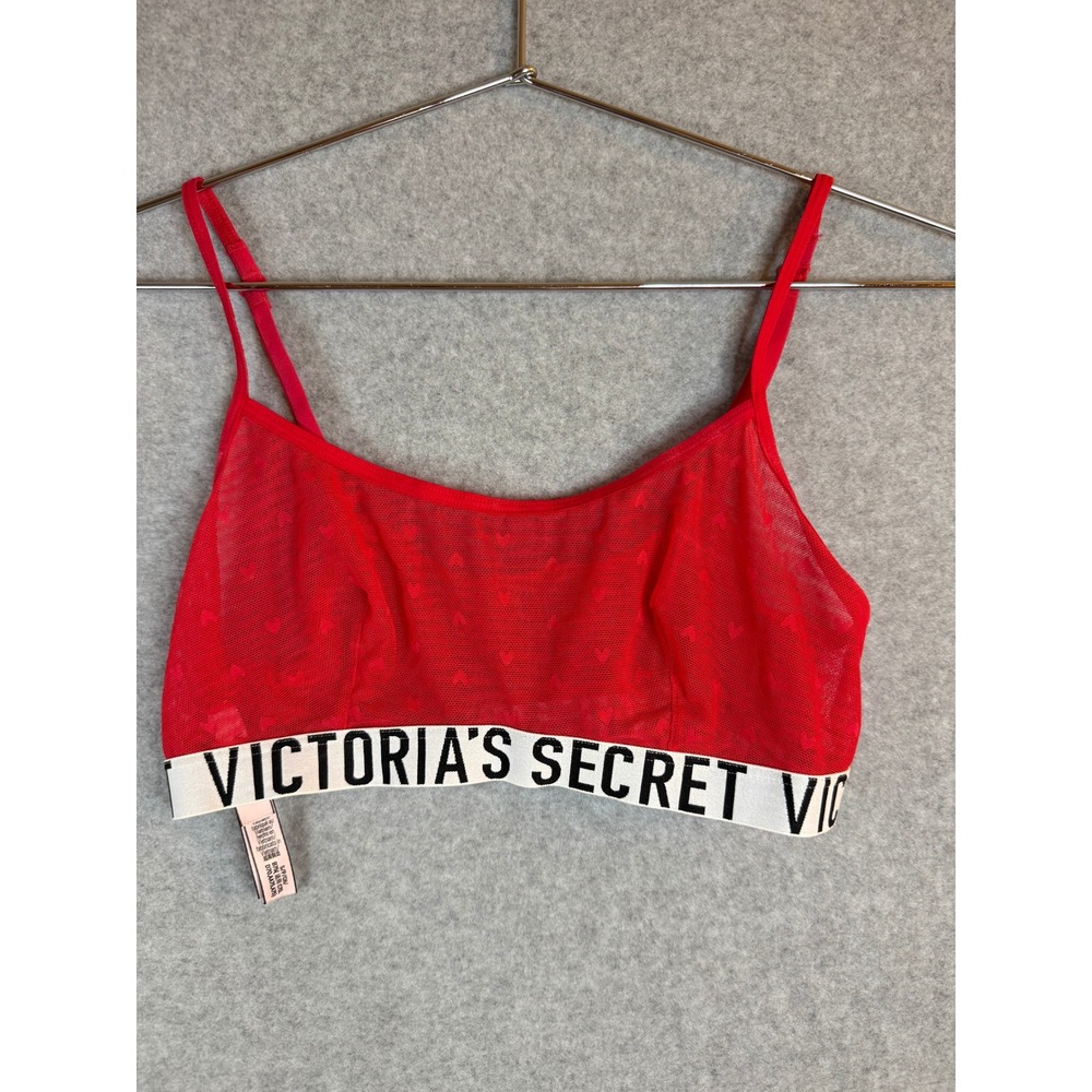 Victorias Secret Red Mesh Heart Bralette Logo Band Wireless Bra Small 391123-GQT